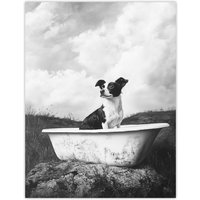 Artery8 Dog Lover Puppy in Bathtub Black White Surreal Wall Art Print in Grey | Size: W24" x H32"