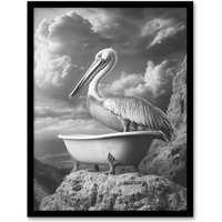Artery8 Pelican Bird in Bathtub Black White Cliff Surreal Framed Art Print in Grey | Size: A4