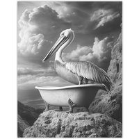 Artery8 Pelican Bird in Bathtub Black White Cliff Surreal Wall Art Print in Grey | Size: W18" x H24"