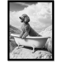 Artery8 Surreal Dog Lover Black White Poodle in Bathtub Framed Art Print in Grey | Size: A4