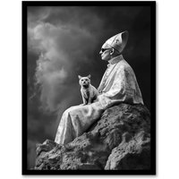 Artery8 Cat Lover Pope Sunglasses Black White Surreal Framed Art Print in Grey | Size: W12" x H16"