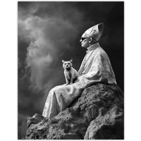 Artery8 Cat Lover Pope Sunglasses Black White Surreal Wall Art Print in Grey | Size: W12" x H16"