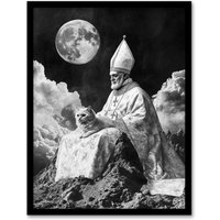 Artery8 Surreal Cat Lover Pope & Moon Black White Framed Art Print in Grey | Size: W12" x H16"