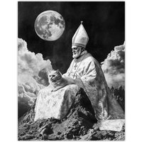 Artery8 Surreal Cat Lover Pope & Moon Black White Wall Art Print in Grey | Size: W18" x H24"