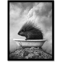 Artery8 Cute Porcupine in Bathtub Black White Surreal Framed Art Print in Grey | Size: A4