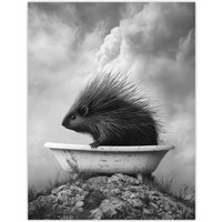 Artery8 Cute Porcupine in Bathtub Black White Surreal Wall Art Print in Grey | Size: W18" x H24"