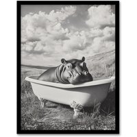 Artery8 Baby Hippo in Bathtub Black White Surreal Framed Art Print in Grey | Size: W12" x H16"