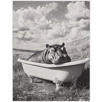 Artery8 Baby Hippo in Bathtub Black White Surreal Wall Art Print in Grey | Size: W18" x H24"