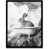 Artery8 Cute Bunny Rabbit in Bathtub Black White Surreal Framed Art Print in Grey | Size: W12" x H16"