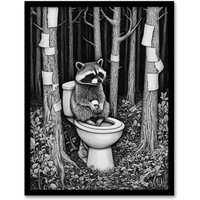 Artery8 Raccoon on Toilet in Forest Black White Surreal Framed Art Print in Grey | Size: A4