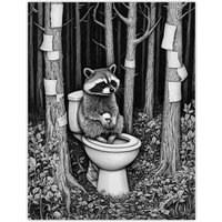 Artery8 Raccoon on Toilet in Forest Black White Surreal Wall Art Print in Grey | Size: W12" x H16"