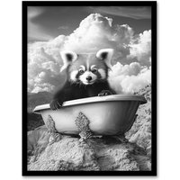 Artery8 Red Panda in Bathtub on Hill Black White Surreal Framed Art Print in Grey | Size: W12" x H16"
