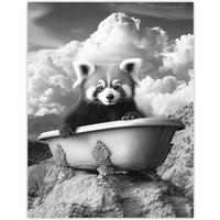 Artery8 Red Panda in Bathtub on Hill Black White Surreal Wall Art Print in Grey | Size: W24" x H32"