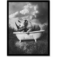 Artery8 Rhino in Bathtub Black White Bath Time Surreal Framed Art Print in Grey | Size: A4