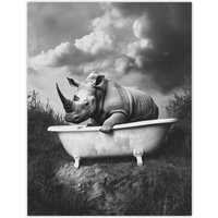 Artery8 Rhino in Bathtub Black White Bath Time Surreal Wall Art Print in Grey | Size: W24" x H32"