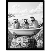 Artery8 Ring-tailed Lemurs in Bathtub Black White Surreal Framed Art Print in Grey | Size: W12" x H16"