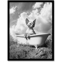 Artery8 Sphinx in Bathtub Black White Surreal Cat Lover Framed Art Print in Grey | Size: A4