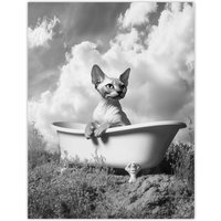 Artery8 Sphinx in Bathtub Black White Surreal Cat Lover Wall Art Print in Grey | Size: W18" x H24"