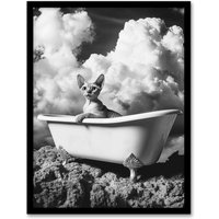 Artery8 Cat Lover Sphinx in Bathtub Black White Surreal Framed Art Print in Grey | Size: W12" x H16"