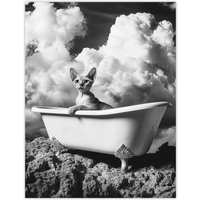Artery8 Cat Lover Sphinx in Bathtub Black White Surreal Wall Art Print in Grey | Size: W24" x H32"