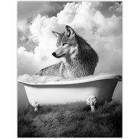 Artery8 Wolf in Bathtub Surreal Black White Bubble Bath Wall Art Print in Grey | Size: W12" x H16"