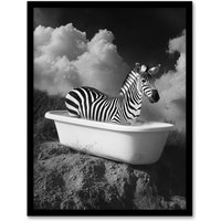 Artery8 Zebra Bath Time in Bathtub Black White Surreal Framed Art Print in Grey | Size: W12" x H16"