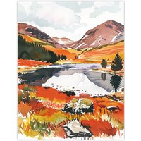 Artery8 Cairngorms National Park Autumn Heather Lake Wall Art Print in Orange | Size: W24" x H32"