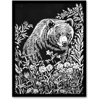 Artery8 Bear in Wildflower Meadow Black White Floral Framed Art Print | Size: W12" x H16"