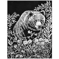 Artery8 Bear in Wildflower Meadow Black White Floral Wall Art Print | Size: W12" x H16"
