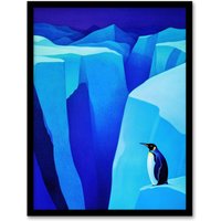 Artery8 Lone King Penguin Antarctic Ice Glacier Landscape Framed Art Print in Blue | Size: A4