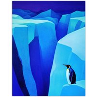 Artery8 Lone King Penguin Antarctic Ice Glacier Landscape Wall Art Print in Blue | Size: W12" x H16"