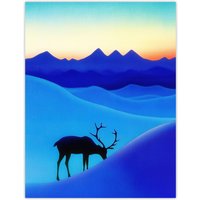 Artery8 Reindeer Arctic Landscape Snow Dawn Watercolour Wall Art Print in Blue | Size: W12" x H16"