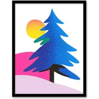 Artery8 Modern Abstract Tree Snow Sun Bold Colourful Framed Art Print in Blue | Size: A4