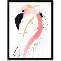 Artery8 Flamingo Bird Black Pink Gold Modern Abstract Framed Art Print | Size: W12" x H16"