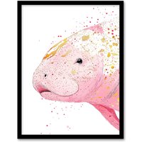 Artery8 Pink Manatee Gold Paint Splatter Animal Portrait Framed Art Print | Size: W12" x H16"