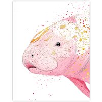 Artery8 Pink Manatee Gold Paint Splatter Animal Portrait Wall Art Print | Size: W18" x H24"