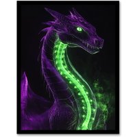 Artery8 Fantasy Dragon Neon Purple Green Xray Effect Framed Art Print | Size: W12" x H16"