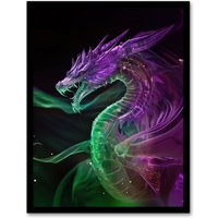 Artery8 Ethereal Dragon Purple Green Fantasy Art Framed Art Print | Size: A4