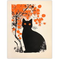 Artery8 Cat Lover Black Pet Under Autumn Orange Tree Wall Art Print | Size: W24" x H32"
