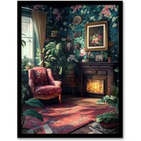 Artery8 Plant Lover Cozy Fireplace Floral Tapestry Framed Art Print | Size: W12" x H16"