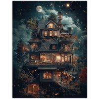 Artery8 The Burrow Witch Home at Night Conceptual Art Wall Art Print in Blue | Size: W12" x H16"