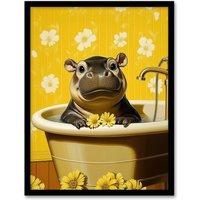 Artery8 Cute Pygmy Hippo Bath Time Yellow Daisy Bathroom Framed Art Print | Size: A4