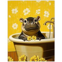 Artery8 Cute Pygmy Hippo Bath Time Yellow Daisy Bathroom Wall Art Print | Size: W12" x H16"