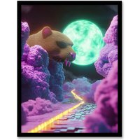 Artery8 Sci Fi Fantasy Landscape Large Rat Neon Moon Framed Art Print in Pink | Size: A4
