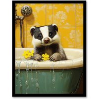 Artery8 Cute Badger in Bathtub Yellow Daisy Theme Bath Framed Art Print | Size: A4