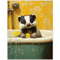 Artery8 Cute Badger in Bathtub Yellow Daisy Theme Bath Wall Art Print | Size: W24" x H32"