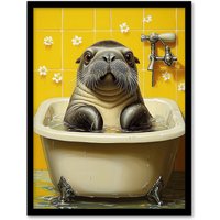 Artery8 Cute Walrus Yellow Bathroom Bathtub Bath Time Framed Art Print | Size: A4