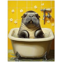 Artery8 Cute Walrus Yellow Bathroom Bathtub Bath Time Wall Art Print | Size: W12" x H16"