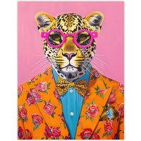 Artery8 Dandy Leopard Floral Suit Glasses Bow Tie Vibrant Wall Art Print | Size: W18" x H24"