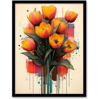 Artery8 Tulip Bouquet Modern Floral Abstract Painting Framed Art Print in Orange | Size: W12" x H16"